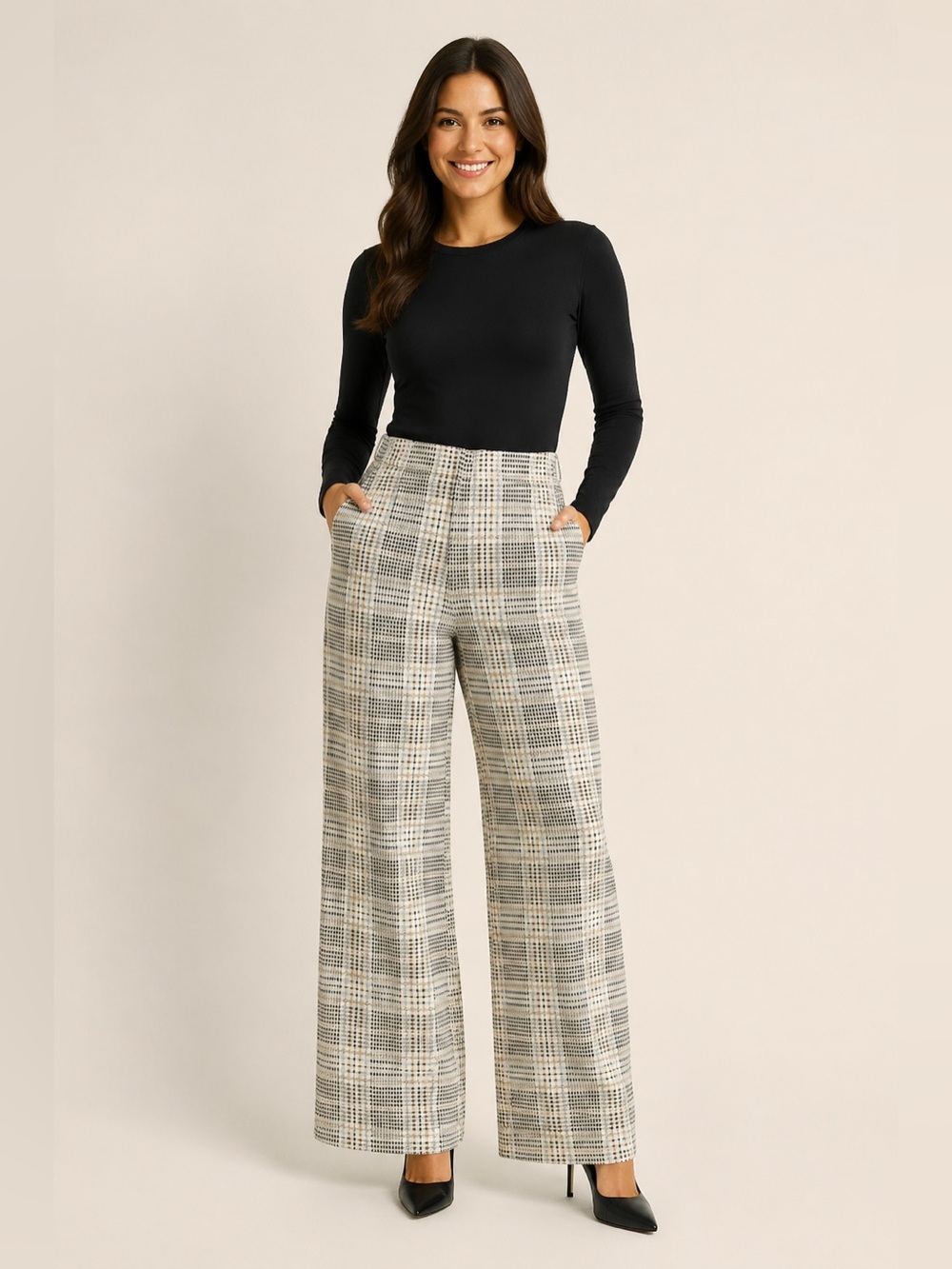 H&M Women’s S Plaid High Rise Wide Leg Stretch Pants